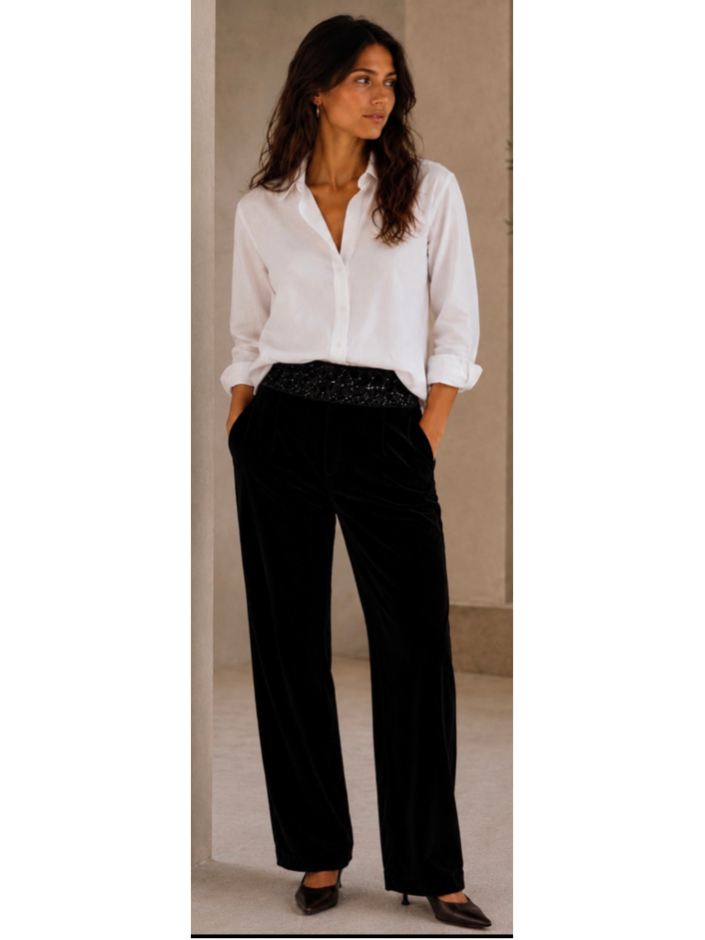 Giorgio Armani Black Crystal Embellished Waist Straight Leg Velvet Pants 8-10